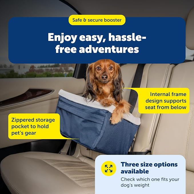 PetSafe Happy Ride Dog Booster Seat, Navy Blue, Up to 12 lb | Raises Small Dogs to Window Height In Most Cars, Connects to Seatbelt with Safety Tether, Fleece Liner Is Machine Washable
