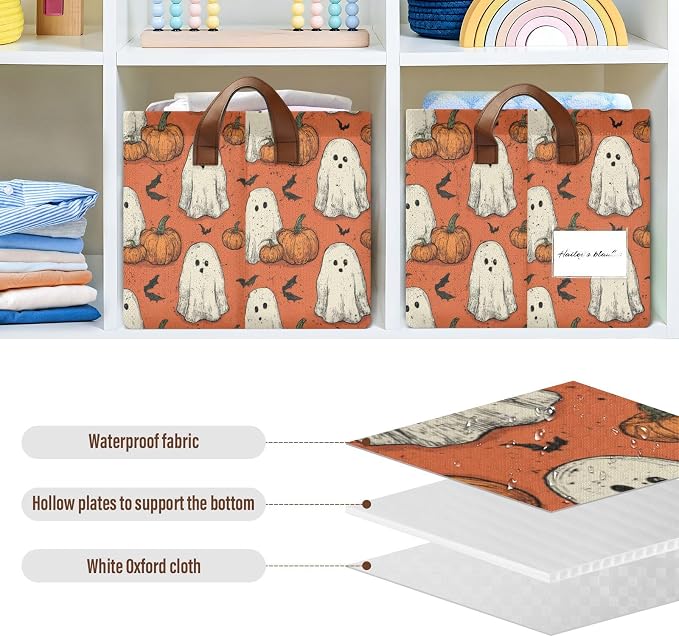 Fall Halloween Ghost with Pumpkin Storage Basket Foldable Cube Storage Bins with Handles&Label Waterproof Organizer Box Bin Large Rectangle Decorative Baskets for Shelves Home Room Laundry Party-2 PC