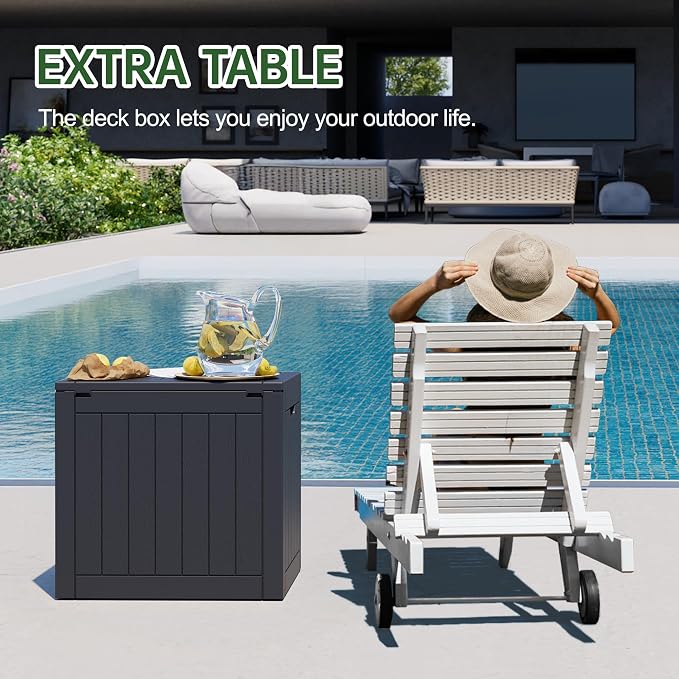 Deck Box, 35 Gallon Resin Indoor and Outdoor Storage Boxes Waterproof for Garden Tools, Patio Accessories Storage Bench, Patio Furniture and Cushions with Lockable Lid, Black
