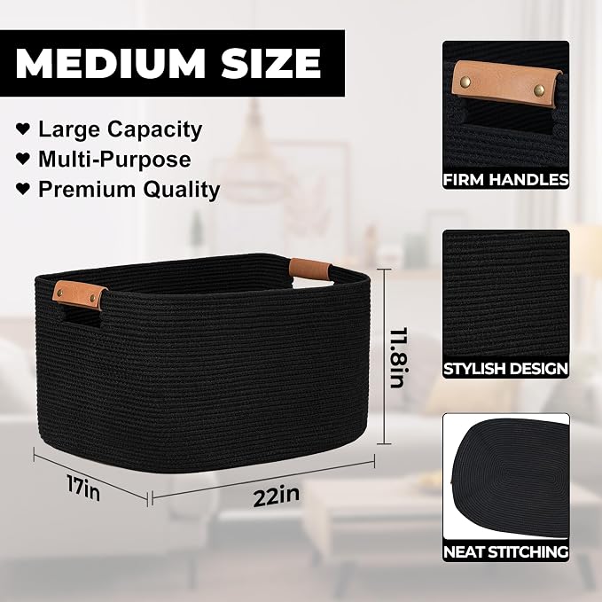 danpinera Large Blankets for Living Room, 72 L Woven Cotton Rope Baskets for Storage, Organizing Kids Toys & Dog Toys, Large Basket Organizer for Nursery, Bedroom, Bathroom, 22’’*17’’*11.8’’ Black