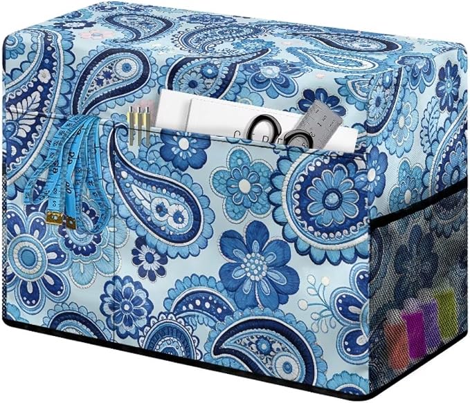 70s Retro Paisley Print Sewing Machine Cover,Protective Cover Hippie Style Dust & Pet Hair Protection,Fits Standard Singer & Brother Machine (Blue)