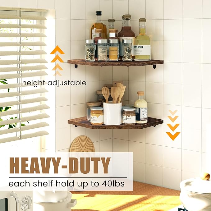 Fun Memories Corner Shelf Wall Mount, Floating Corner Shelves, Set of 4 Corner Wall Shelf Organizer, Rustic Wood Wall Storage Display Shelves for Living Room Bedroom Bathroom Kitchen, Rustic Brown