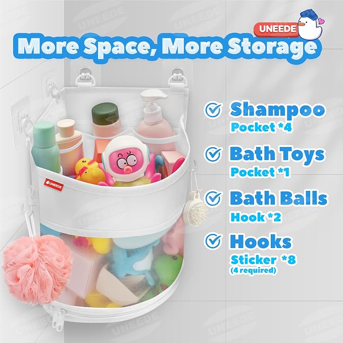 UNEEDE 3.5 Gallons Corner Mounted Versatile Bath Toy Organizer | Mesh Shower Caddy for Bathtub Toy Organizer and Storage, Quick Dry Bath Toy Holder