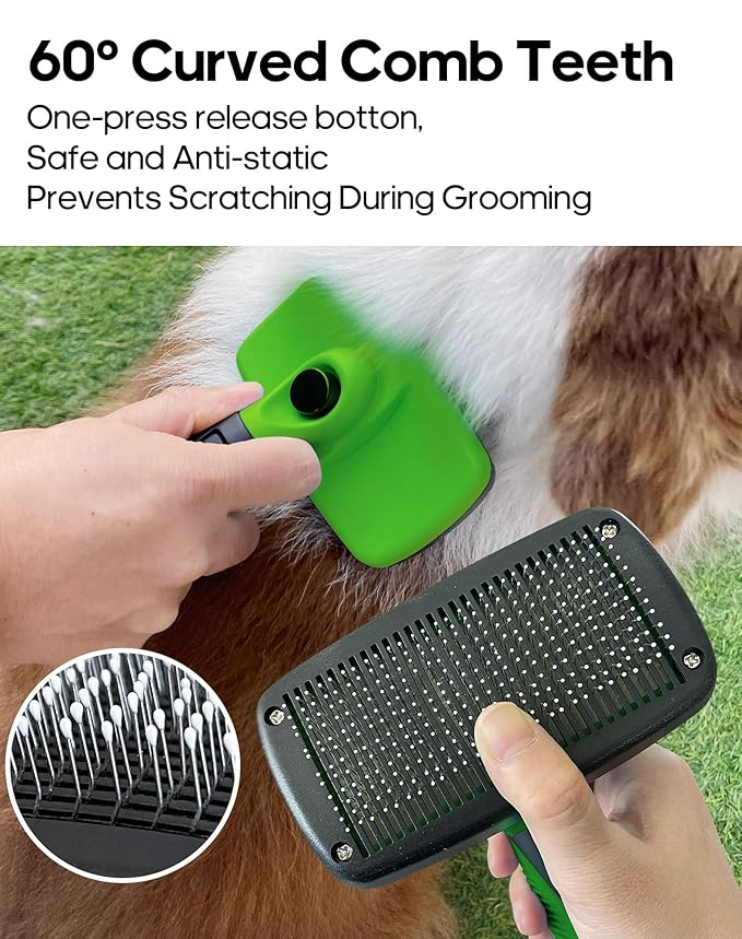 Self Cleaning Shedding Brush - Skin Friendly Grooming Tool for Dogs, Cats, and Puppies, Deshedding and Hair Removal for Long and Short Haired Pets (Green)