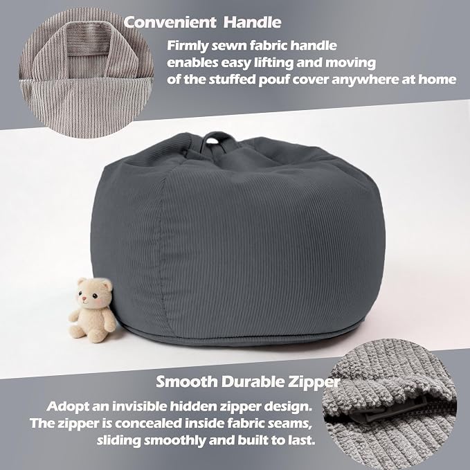 LPMOERA Stuffed Animal Storage Soft Bean Bag Cover No Filler Dark Grey | Skin-Friendly,Portable,Wide Easy-Load Opening,Hidden Zipper,Decorative Organizer