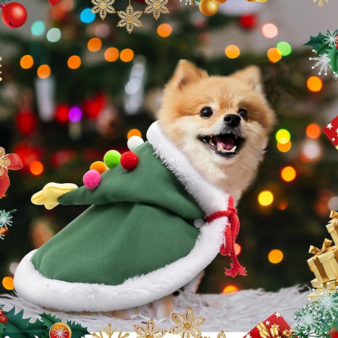 Cat Christmas Cape with Velvet Stars Hat, Small Dog Soft Thick Xmas Cloak, Pets Christmas Costume Dogs Cats Santa Claus Outfits for Goose, M