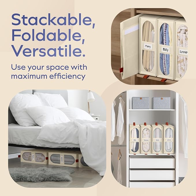8x Bed Sheet Organizer Storage Boxes with Big See-Through Windows | Bedsheet Organizers Redesigned. Robust Bed Sheet Storage | 15x13x5 in. Sheet Organizers Containers (Off-White)