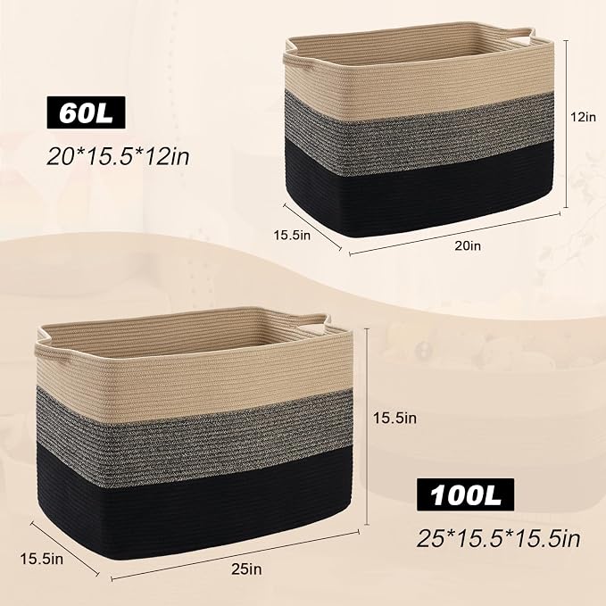 Large Blanket Basket, 100L Storage Baskets for Organizing, Woven Laundry Basket for Blankets, Cotton rope Blanket Storage for Living Room, Nursery Room, 24.8"L x 15.74"W x 15.74"H, Brown & Black