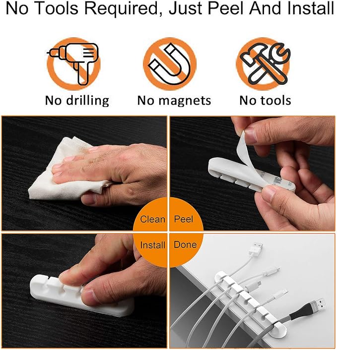 TviewSmart Cord Organizer for Desk, 5 Pack Cord Holders, Cable Clips, White | Silicone cable management clips self adhesive for nightstand and charger, 7-5-3-1-1 slots hold USB and phone cords up to 6 mm