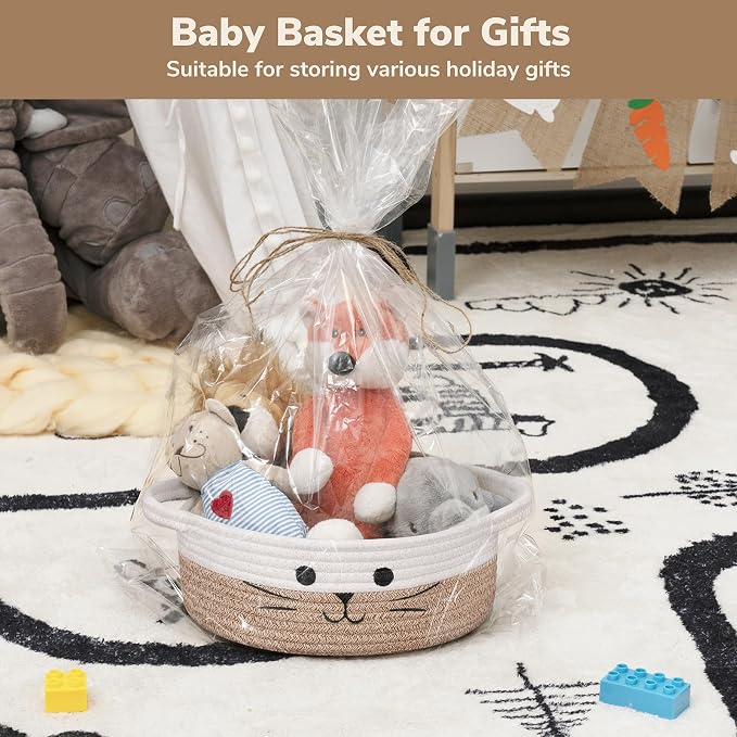 Small Woven Rope Cat Toy Basket with Cat Face Design, White Brown | 9.8" x 4" Cute Cat Basket for Living Room, Decorative Baby Storage Basket, Pet Gift Basket Empty with Sturdy Handles