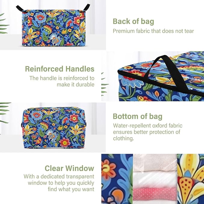 Generic Blue Boho Florals Clothes Storage Bag Bins 2 Pack Foldable Storage Containers Large Closet Organizer with Zipper Blanket Storage Bag for Comforters Clothing Bed Sheets 95L