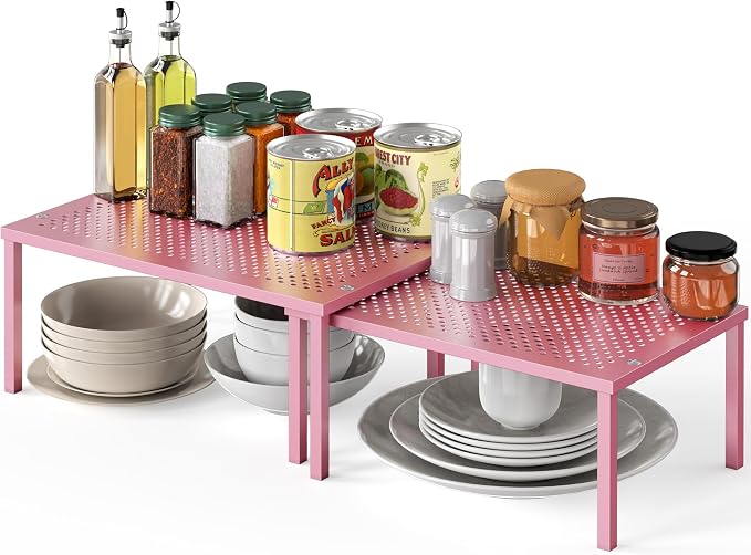 Simple Houseware Expandable Stackable Kitchen Counter Shelf Organizer, Pink, Metal Top, 11.25 in L x 7.9 in W x 5.4 in H | Expandable & Stackable 9" D x 12.75" W x 5.9" H