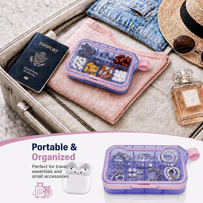 Small Pill Case with Handle, Travel Pill Organizer, Pocket Medicine Box | 7 Compartments Compact Pill Box for Fish Oil Vitamins Supplements Daily Medications, Purse Backpack Office