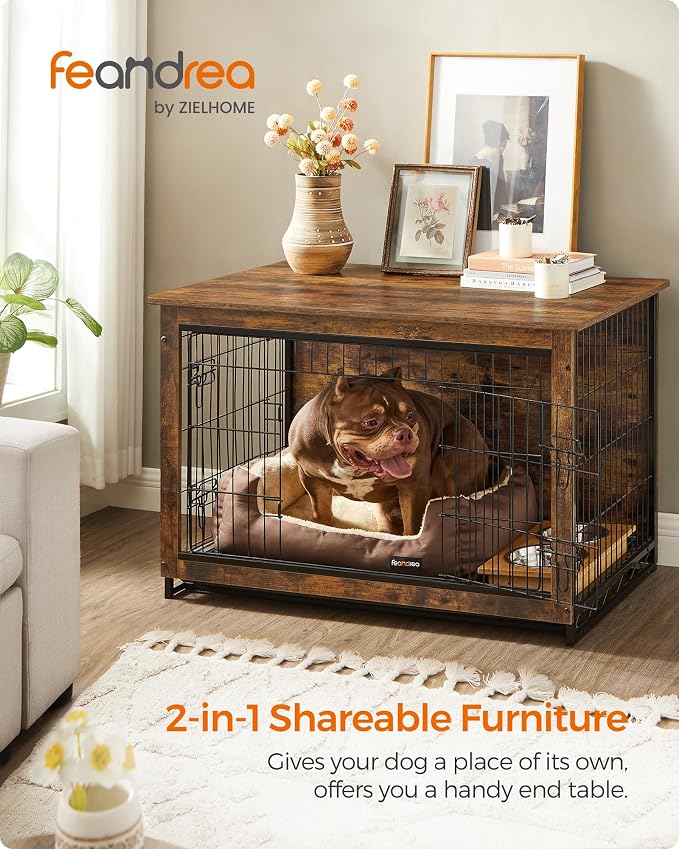 Feandrea 38.6" Dog Crate Furniture, Indoor Dog Cage Side End Table, XL Pet Wood Kennel for Large and Medium Dogs up to 70 lb with Multi-Purpose Removable Tray, Double-Door Pet House, Rustic Brown