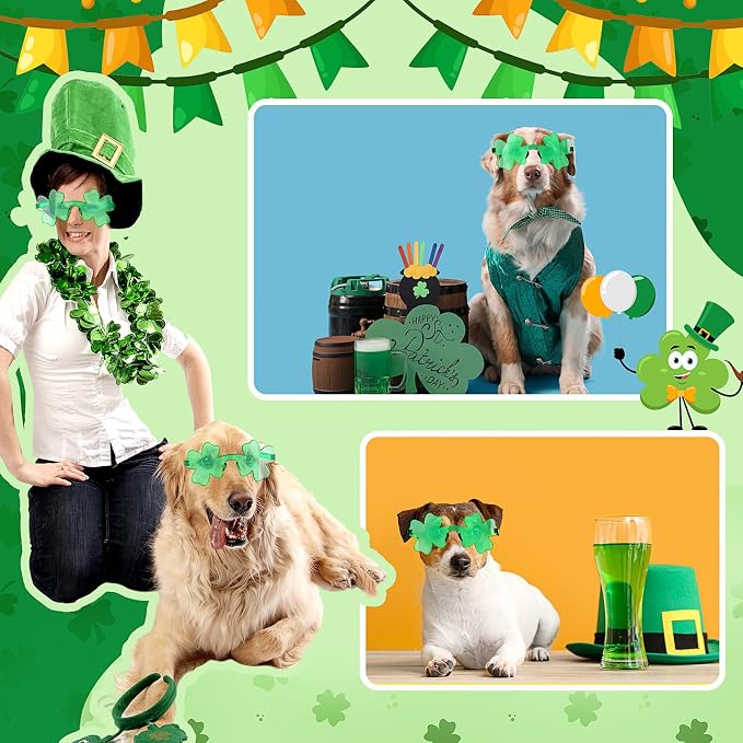 St. Patrick's Day Dog Sunglasses with Adjustable Strap, Green Shamrock Pet Glasses Accessory for Medium Large Dogs Cats, Irish Festival Parade Costume & Photo Prop(General)
