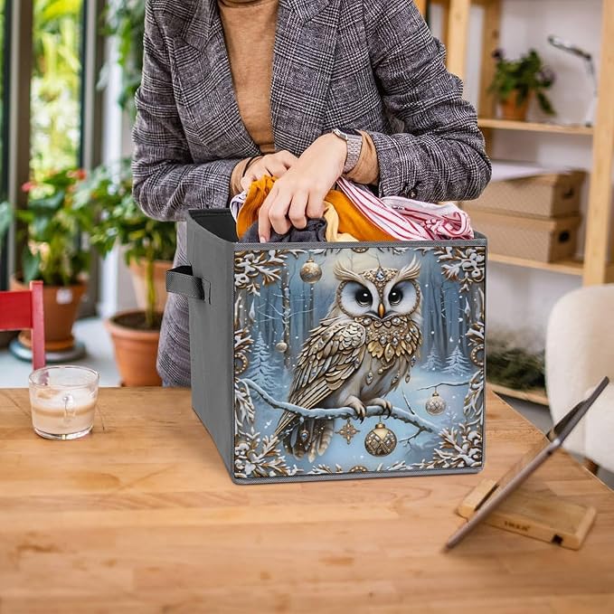 Christmas Owl Foldable Storage Bins, 10.6" Cube Storage Organizer, Sturdy Oxford Cloth Fabric Baskets for Closet, Shelf, Nursery, Bedroom, Decorative Printed Box for Toys & Clothes