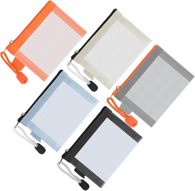 Classycoo Mini Zipper Mesh Bags 5 Pack, 3" x 4.3" Nylon Small Mesh Pouch Key Credit Card Holder, Coin Purse, Portable Travel Makeup Cosmetic Bags for Lipstick, Earphone(5 Colors, Orange, Blue, Black)
