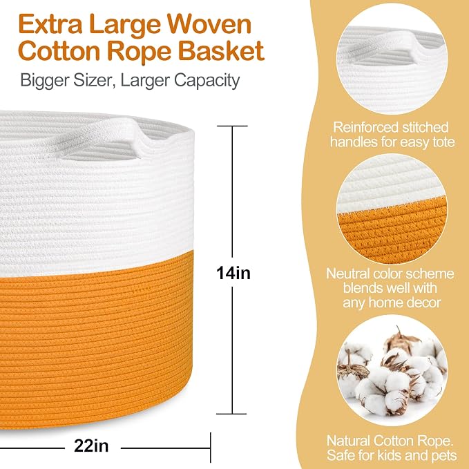 MEGASKET Large Orange Storage Basket, 22"x14" Soft Woven Cotton Rope Storage Bin, Decorative Dog Kid Toy Box, Big Blanket Basket for Living Room Bedroom, Round Basket for Shoes, Towels, and Decoration