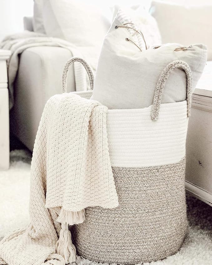 OrganiHaus Tall Cotton Rope Laundry Basket & Hamper, Blanket Storage 52L | Brown / Off-White - Tall Cotton Rope Hamper, 52L
