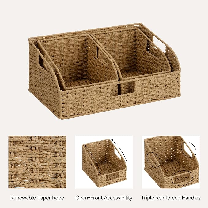 StorageWorks Paper Rope Shelf Baskets,Pantry Storage Baskets,Natural,3-Pack | Pantry Storage Baskets,Wicker Baskets with Handles,Handwoven Wicker Storage Baskets for Shelves,Pantry Organizers and Storage