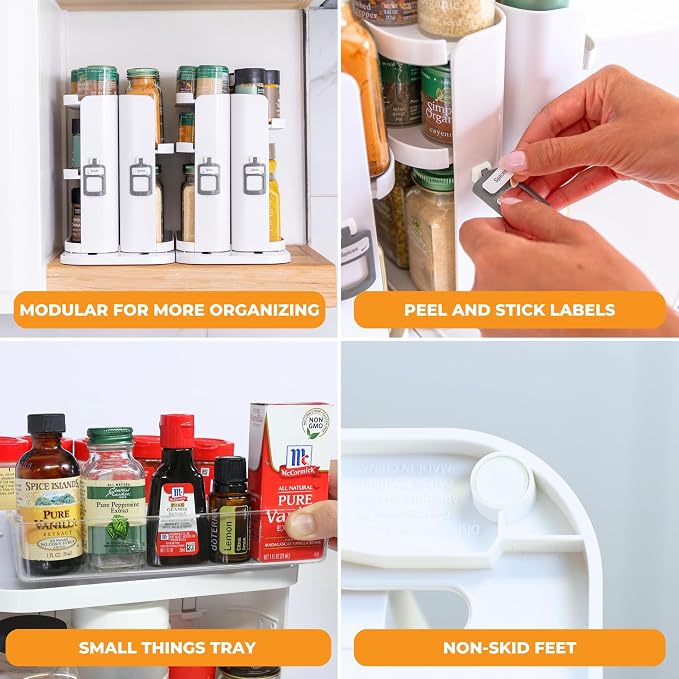 Spice Rack Organizer for Cabinet, 4 Adjustable Shelves | 4 Snap-In Adjustable Shelves, 8.9"H x 6.1"W x 10.8"D, Magnetic Modular Connect, Pivot-Up Shelves, Small Things Tray, No Tools