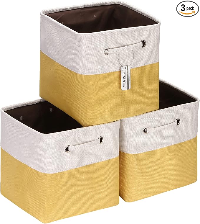 Sea Team Open-Top Canvas Storage Cubes with Handles, 11-Inch, 3-Pack | Collapsible Storage Bins, Fabric Baskets, Closet Shelf Organizers for Home and Office, Yellow & White