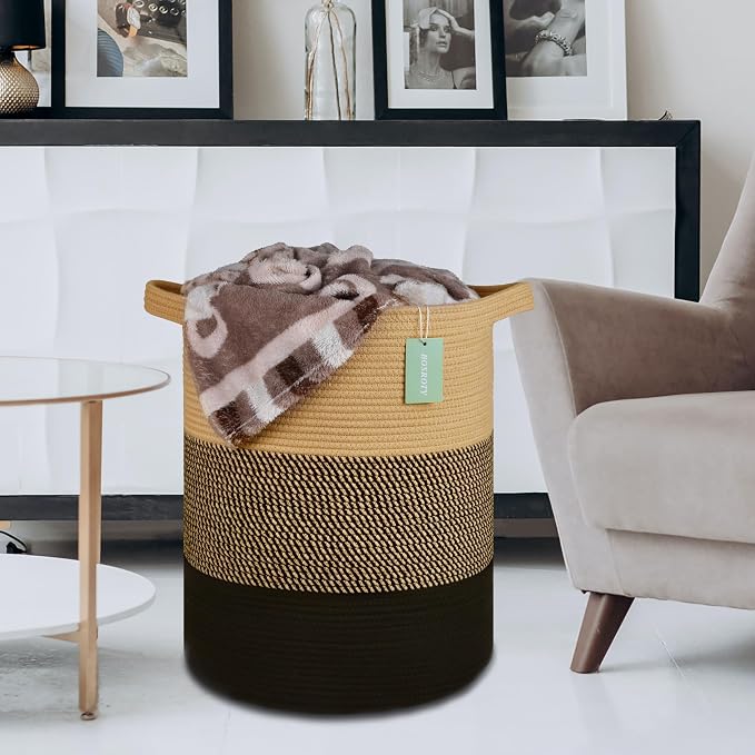 Cotton Rope Blanket Basket, 72L Tall Laundry Hamper, Brown & Black