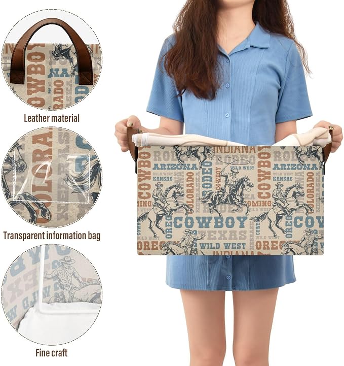Western Cowboy Horses Retro Vintage 70s 80s Storage Bins for Shelves with Labels&Handles Fabric Organizer Bin Foldable Rectangle Storage Basket Boxes for Closet, Bathroom, Home, Living Room, 2 PC