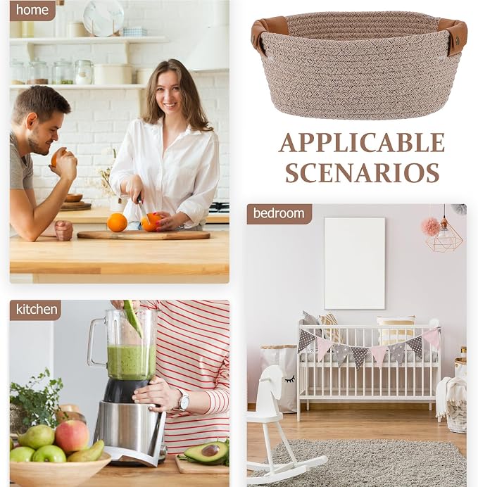 Baluue Small Woven Nursery Basket with Leather Handle for Storage Lightweight Cotton Rope Basket for Bathroom Organizing and Home Decor