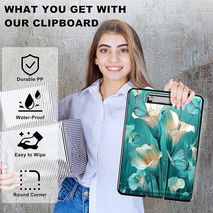 Heavy Duty Storage Clipboard, Slim Nursing Clipboard with Internal Pen Case, Portable File Organizer Case for A4 Letter Size Paper Office Medical Professionals, Blue Lily