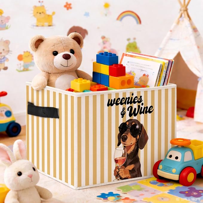 Dachshund Weenies and Wine Foldable Fabric Storage Bin | Funny dachshund yellow stripe design; foldable fabric storage bin for closet, pet supplies, books, or clothes.