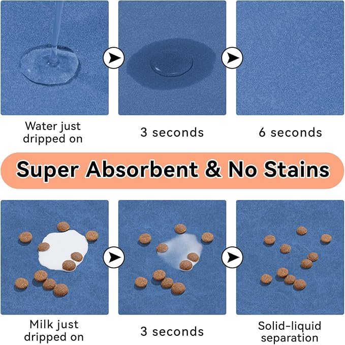 Dog Cat Feeding Mat-Absorbent Pet Bowl Mat for Food and Water, Quick Dry Water Dispenser Mat for Floors with Waterproof Rubber Backing, Puppy Cat Placemat Mats for Messy Drinkers,16"x24",Blue