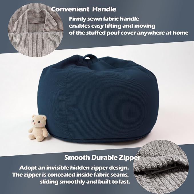 LPMOERA Stuffed Animal Storage Soft Bean Bag Cover No Filler Navy Blue | Skin-Friendly,Portable,Wide Easy-Load Opening,Hidden Zipper,Decorative Organizer