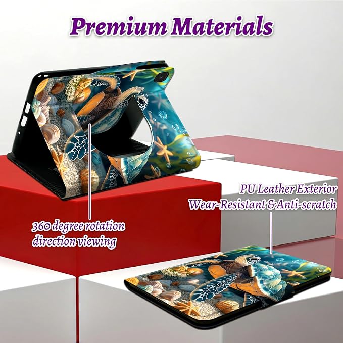 Rotating Handle Case for Samsung Galaxy Tab A7 Lite 2021 8.7", 360 Degree Swivel Kickstand with Magnetic Closure Shockproof Leather Protective Cover for Women Men, Sea Turtle Seaweed