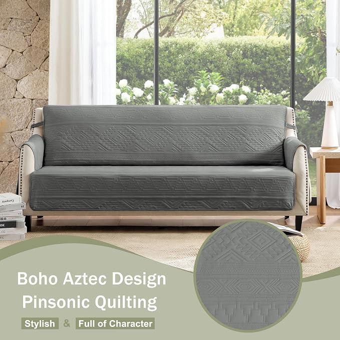 Soft Boho Quilted Couch Cover with Pockets for Extra-Large Sofa, Anti-Slip Boho Sofa Covers Washable for 3 Cushion Pet Friendly, Oversized Sofa Cover Water-Repellent (X-Large Sofa 78", Gray)