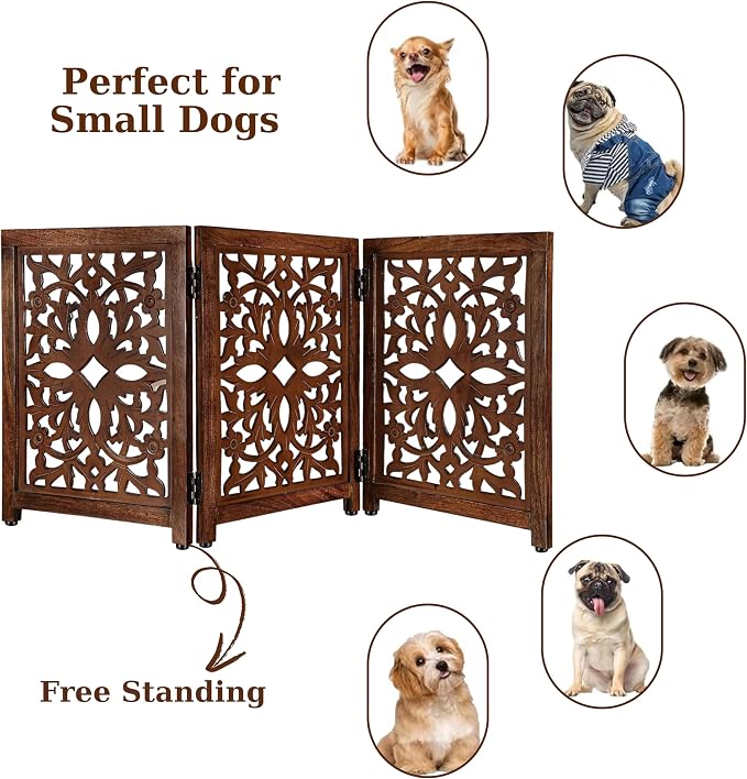 “Lightnpro Wooden Pet Gate – Decorative Carved Foldable Dog Fence, Extra-Wide Freestanding Indoor Safety Gate for Small Dogs – 24x54 Inch Natural Burnt Finish”
