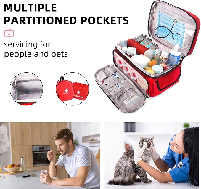 First Aid Bag Empty, 5-Piece Set with Large Medical Organizer, 3 Portable Pouches & Carry Bag for Pet First Aid Kits, Home Adventure Travel Medical Supplies (Red)