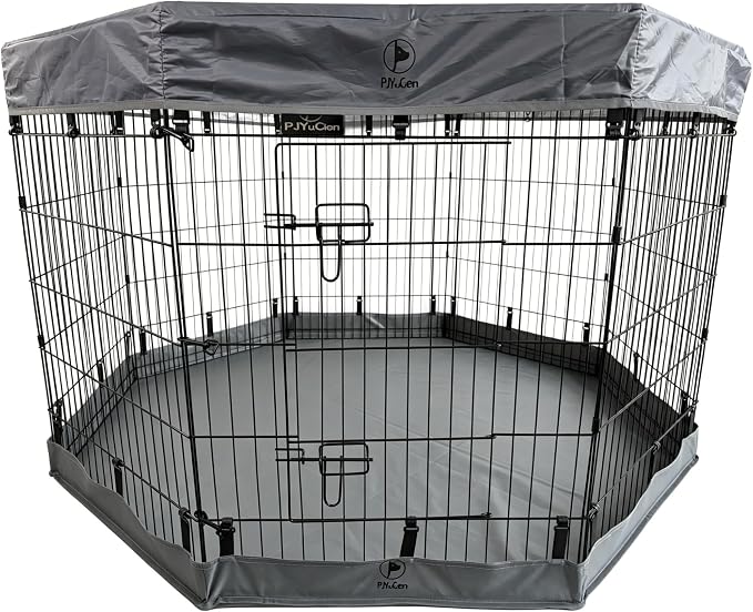 PJYuCien Puppy Playpen with Top Cover & Bottom Pad, 8 Panels 36" H, Gray | 24"W, Medium Pet Safe Sanctuary, Foldable Octagonal Pen, Versatile, Indoor & Outdoor, Backyard Pasture, Protects Floors