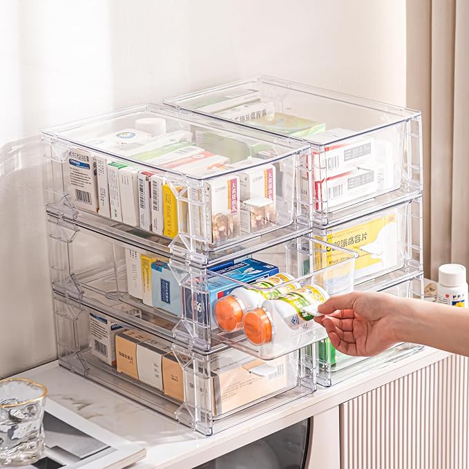 6 Pack Stackable Organizer Drawers, Clear Desk Storage Box,Transparent Drawer in Home, Office and Kitchen Pull Out Organizer Bins for Make Up, Pen, Desktop Stationary (6 Pack)