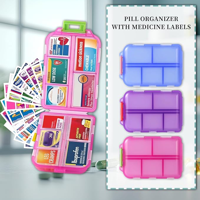 3 Pack Pill Organizers with Medicine Labels, Pink Blue Purple | 3 compact pill cases with 3x161 medicine labels for 7-day planning, vitamins, travel, family use, and separate routines