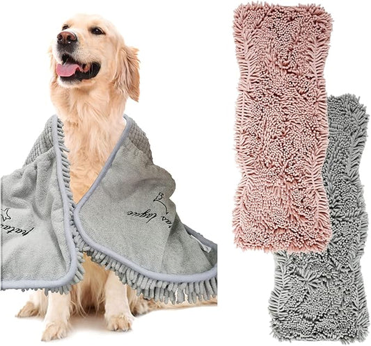 Patas Lague 2 Pack Absorbent Dog Towel for Drying Dogs Large, 35''x15'' Extra Large Microfiber Quick Drying Pet Bath Towel with Hand Pockets, Machine Washable Pet Shammy Grey Pink