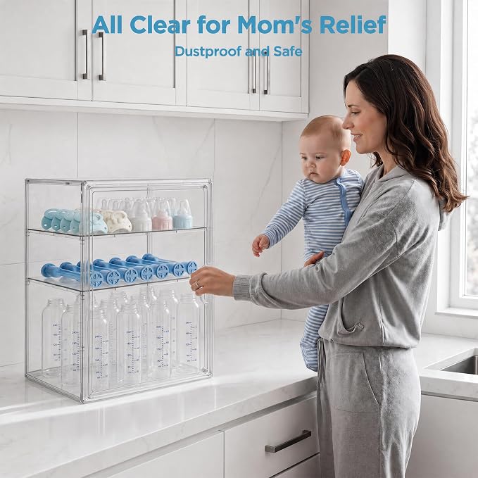 HBlife Baby Bottle Storage Organizer for Countertop Cabinet, 3 Tiers Adjustable Clear Acrylic Bottles Storage Station Case Box Container with 2 Removable Dividers and Magnetic Door, X-Large