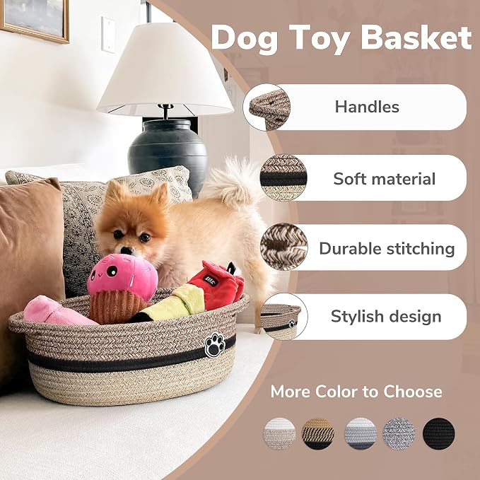 Woven Rope Dog Toy Basket with Paw Print, Brown Mix | 12"x 8" x 5" Small Dog Toy Bin & Box with Handles, Fits Living Room Bedroom Nursery Organization, Gift Basket Empty for Pets