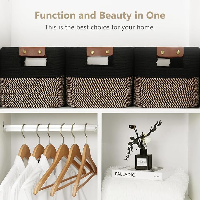 ECDYQXVU 15x10x9 Woven Cotton Rope Storage Basket, Leather Handles 3 Pack | Foldable Design, Sturdy PU Handles, Easy to Clean Organizer for Living Room, Closet, Shelves, Bedroom, Laundry, Clothes