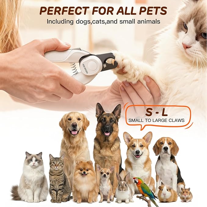 Dual-LED Pet Nail Clippers with Stepless Brightness Adjustment, Side Lock & Retractable File, Anti-Slip Handles for Dogs and Cats (White)