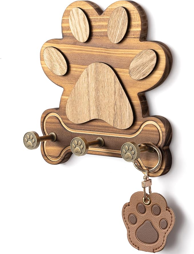 MTERSN Pine Wood Dog Leash Holder for Wall - Gift for Dog Lovers, Brown | 3D Dog Leash Hooks, Unique Dog Paw Shape Design, Ideal for Keys, Hats & Collars, 3 Wall Hooks, Key Holder for Cute Dog Stuff