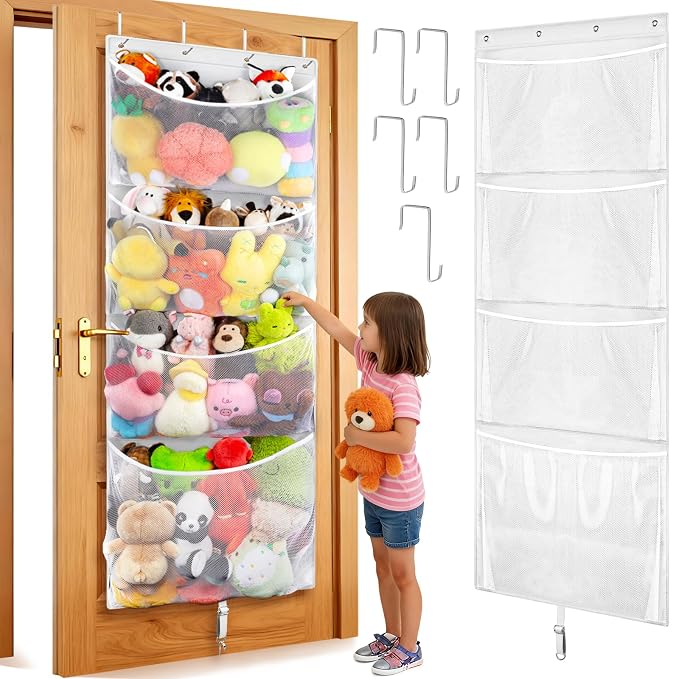 Over Door Stuffed Animal Storage, Hanging Plush Toy Organizer Holder | Behind Door Organizer with 4 Large Pockets, Mesh Hammock Bag for Doll & Bear Stuffies, Idea for Girl Boy Kid Nursery Closet