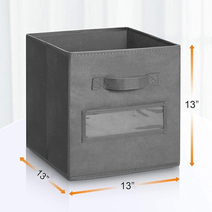 13x13x13 storage cube bins (Set of 10) Fabric storage cubes with 10 Labels Window Cards & a Pen, storage cubes 13x13, Collapsible 13 inch cube storage bins, Cubby Organizer Boxes, Gray