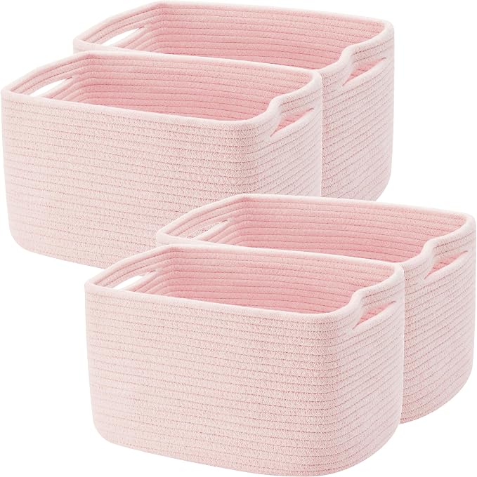Pink Storage Basket for Shelves Woven Rope Storage Bins for Girl | Set of 4 Baskets for Organizing Rectangle Storage Basket Bins for Baby Nursery Toy Storage 12.7"L x 9"W x 7.8"H
