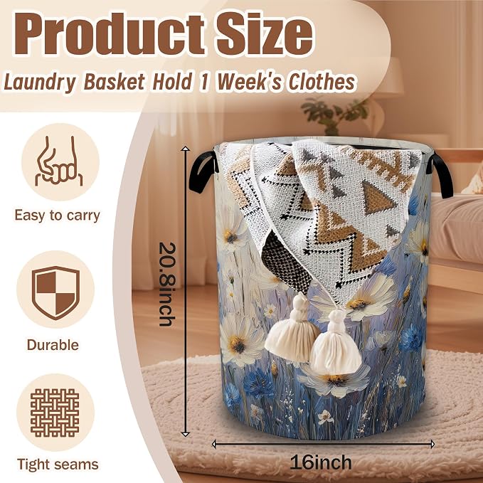 Watercolor Daisy Flower Laundry Baskets,Laundry Hamper,Storage Basket with Handles for Bathroom Bedroom College Dormitory Living Room Nursery Organizer 16"x20.8"